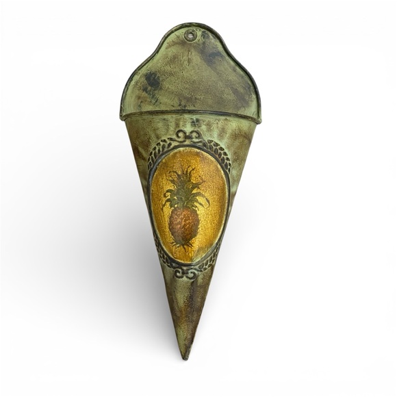 Other - Tin Distressed Look Cone Shaped Wall Pocket Planter - Pineapple Embossed